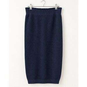 Beach Navy Blue Textured Knit Midi Skirt Ribbed Waistband Pencil Skirt Small